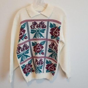 Plum Teal Village Rose Design Sweater 90s New Vintage Small